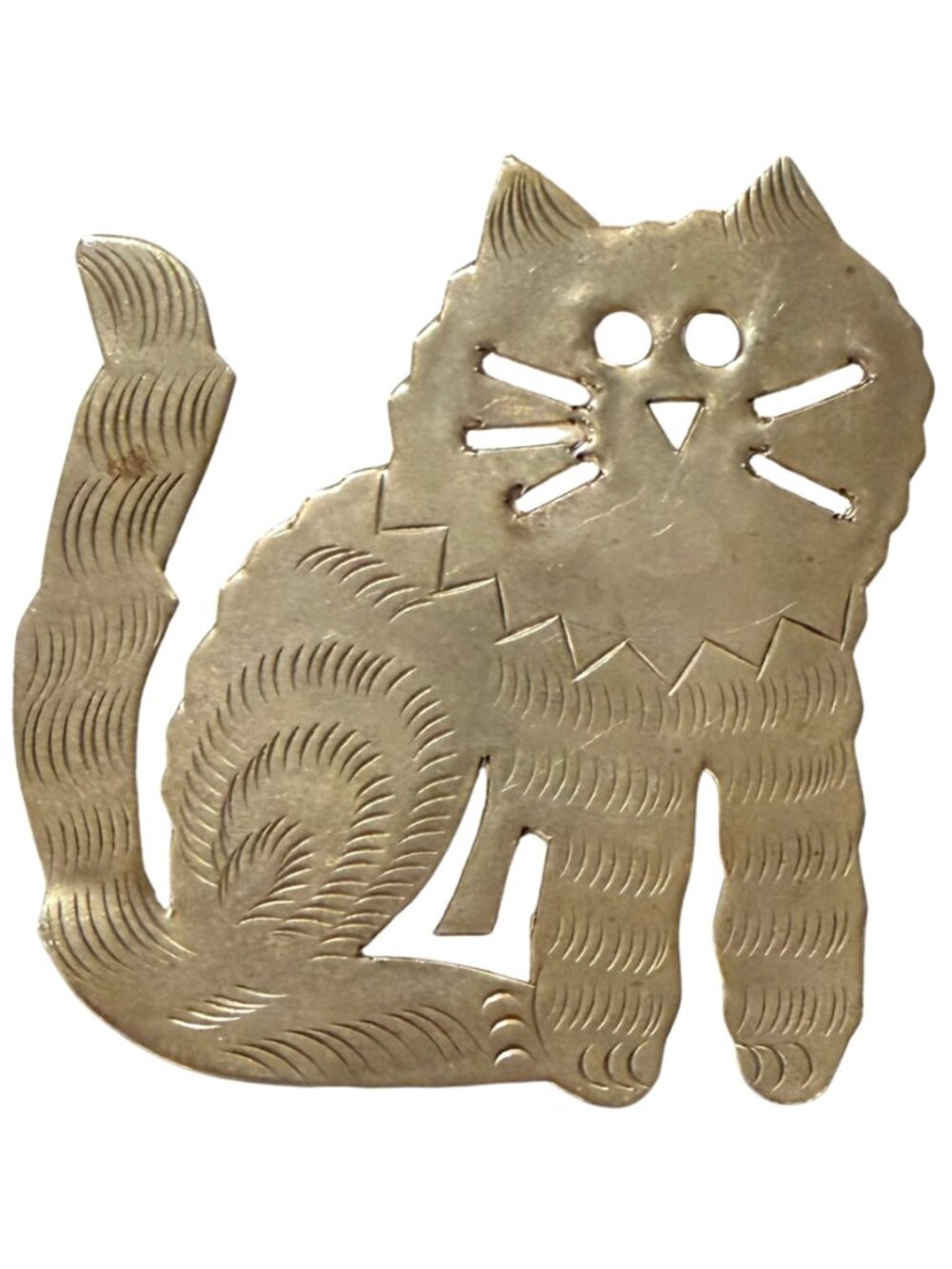 Vintage Folk Art Cat Brooch Silver Tone Openwork Etched Kitty Pin